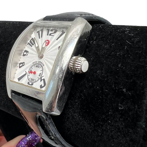 MICHELE MINI URBAN STAINLESS STEEL WATCH WITH BLACK PATENT LEATHER STRAP